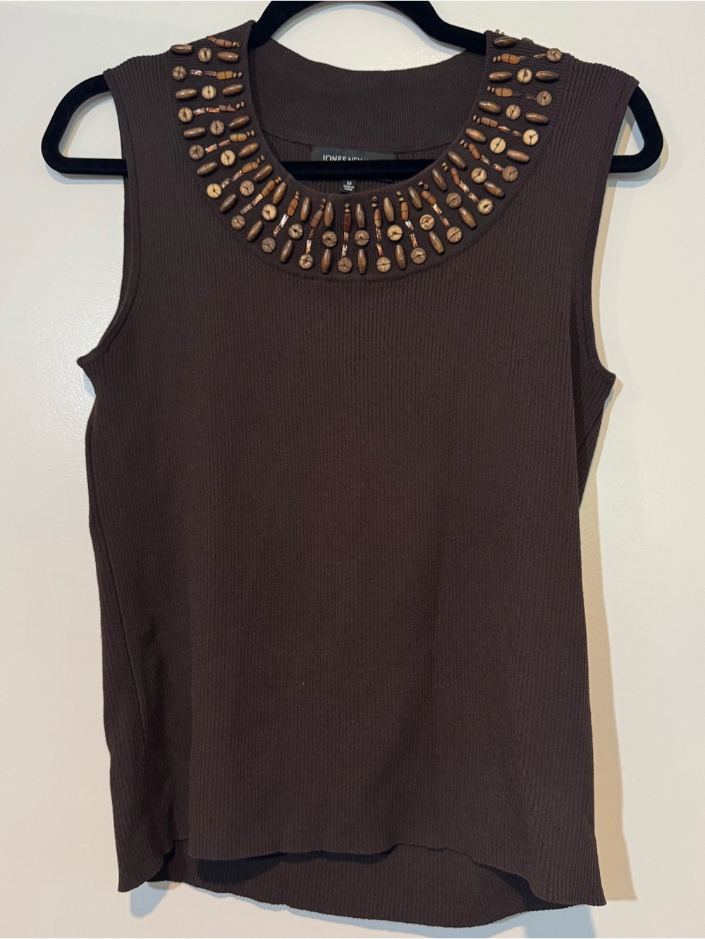 Jones New York Collection Beaded Neckline Ribbed Knit Tank Top Brown Size M